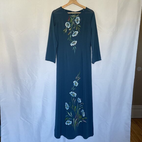 Vintage Teal Maxi Dress With Floral Hand-Painted Design & Long Sleeves high slit - Picture 1 of 10